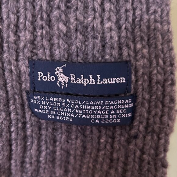 Ralph Lauren Lambswool & Cashmere Knit Scarf – Dark Gray w/ Blue Polo Logo - Picture 2 of 3